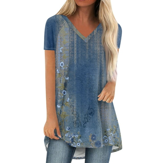 GceSteap Summer Short Sleeve Tunic Long Tops for Women Trendy Plus Size Flowy Shirts Casual Sexy V Neck Smocked Floral Blouses, Royal Blue L