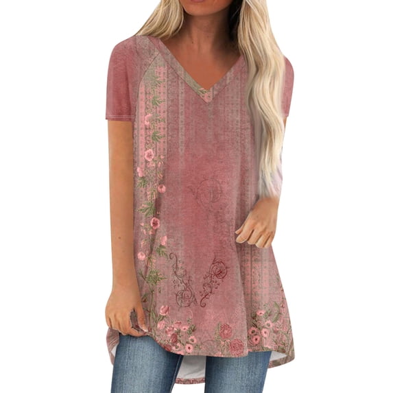 GceSteap Summer Short Sleeve Tunic Long Tops for Women Trendy Plus Size Flowy Shirts Casual Sexy V Neck Smocked Floral Blouses, Wine 5XL