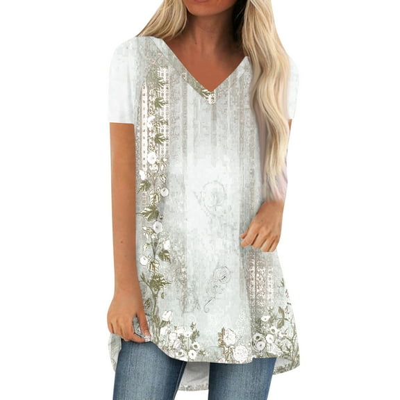 GceSteap Summer Short Sleeve Tunic Long Tops for Women Trendy Plus Size Flowy Shirts Casual V Neck Smocked Floral Blouses, 5XL