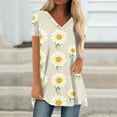 thumbnail image 1 of GceSteap Summer Short Sleeve Tunic Long Tops for Women Trendy Plus Size Flowy Shirts Casual V Neck Smocked Sunflower Print Blouse 2024 Light Gray XXL, 1 of 5