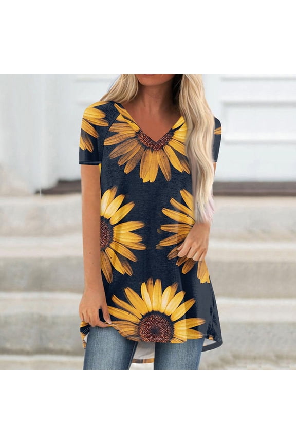 GceSteap Summer Short Sleeve Tunic Long Tops for Women Trendy Plus Size Flowy Shirts Casual V Neck Smocked Sunflower Print Blouse, Earthy Yellow 5XL