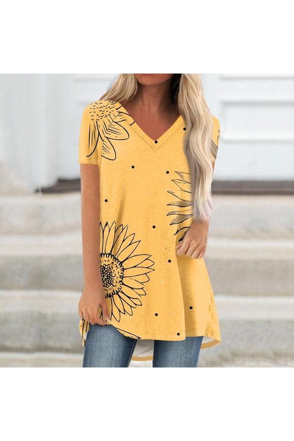 Summer Short Sleeve Tunic Long Tops for Women Trendy Plus Size Flowy Shirts Casual V Neck Smocked Sunflower Print Blouse, Gold 4XL