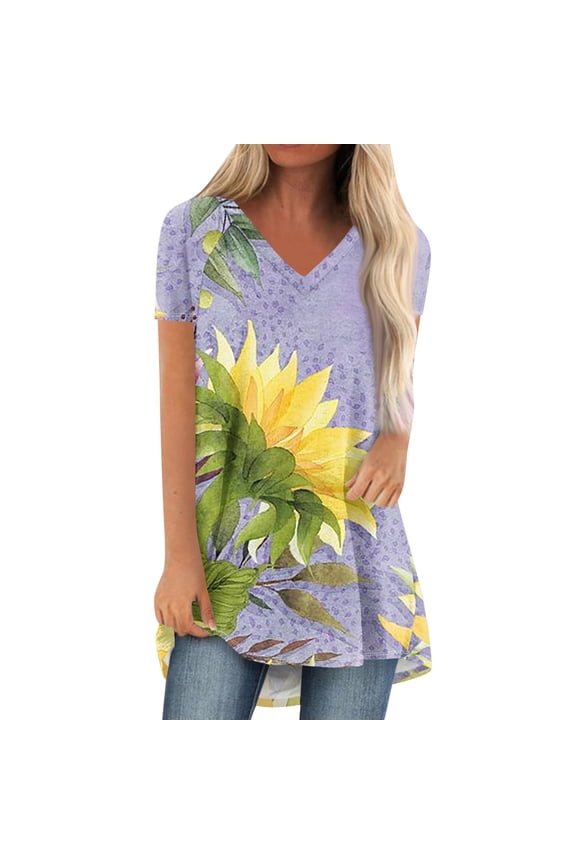 Summer Short Sleeve Tunic Long Tops for Women Trendy Plus Size Flowy Shirts Casual V Neck Smocked Sunflower Print Blouse Purple XL