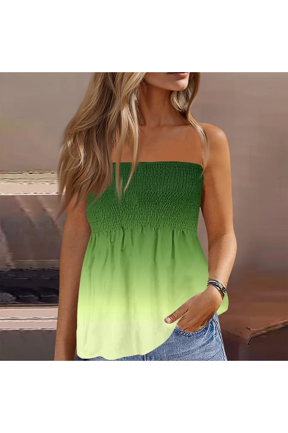 Tube Tops for Women Strapless Tops Summer Bandeau Tank Tops Gradient Tanks Smocked Ruffled Backless Sleeveless Shirts 2024 Green XXL