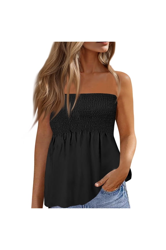 Tube Tops for Women Strapless Tops Summer Bandeau Tank Tops Solid Tanks Smocked Ruffled Backless Sleeveless Shirts Black S