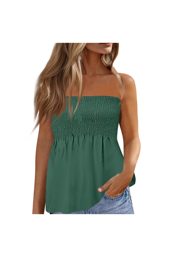 Tube Tops for Women Strapless Tops Summer Bandeau Tank Tops Solid Tanks Smocked Ruffled Backless Sleeveless Shirts Green XL