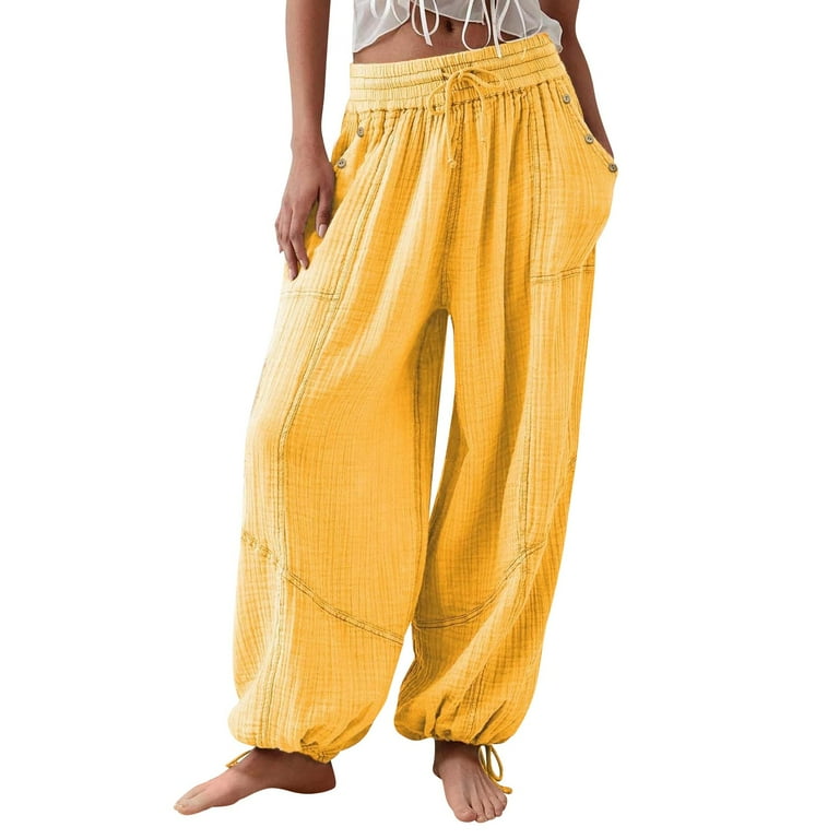 GceSteap Women Wide Leg Cotton Linen Hippie Pants Elastic High Waisted Drawstring Solid Color Patchwork Casual Vintage Trousers Yellow XXL Walmart