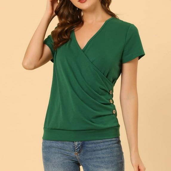 GceSteap Women's Summer Tops Short Sleeve Slim Fitted Deep V Neck Cross Wrap Tunic T-Shirt Side ruched Shirring Tees Dark Green S