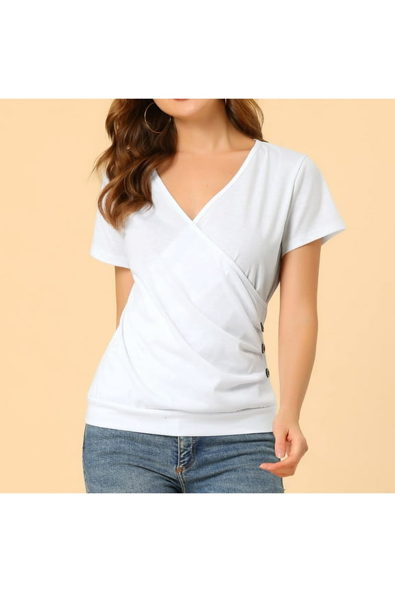 Women's Summer Tops Short Sleeve Slim Fitted Deep V Neck Cross Wrap Tunic T-Shirt Side ruched Shirring Tees White M