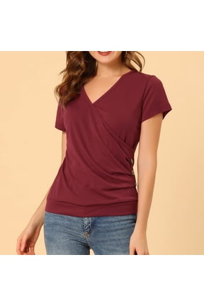 Women's Summer Tops Short Sleeve Slim Fitted Deep V Neck Cross Wrap Tunic T-Shirt Side ruched Shirring Tees Wine M