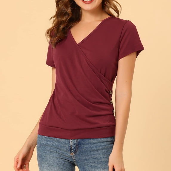 GceSteap Women's Summer Tops Short Sleeve Slim Fitted Deep V Neck Cross Wrap Tunic T-Shirt Side ruched Shirring Tees Wine S