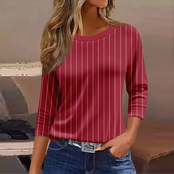 GceSteap Womens 3/4 Length Sleeve Tops Plus Solid Color Boat Neck Teen Girls Tees Three Quarter Length Tunics Fall Elbow Dressy Blouses Fashion Red 3XL