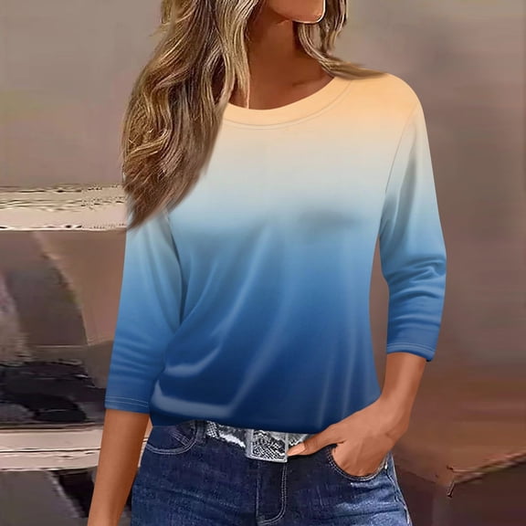 GceSteap Womens Three Quarter Sleeve T Shirts Work Elbow Round Neck Tops Fashion 3/4 Sleeve Tunic Cute Striped Gradient Teen Girls Shirt Dressy Blouses Royal Blue XXL