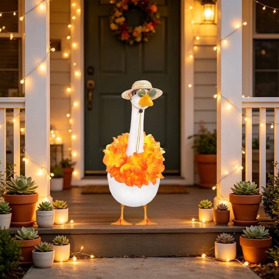 Gcvizuso 23 Inch Porch Goose 3Pcs Decoration Set, Flower Wreath Straw Hat and Glasses for Spring Holiday