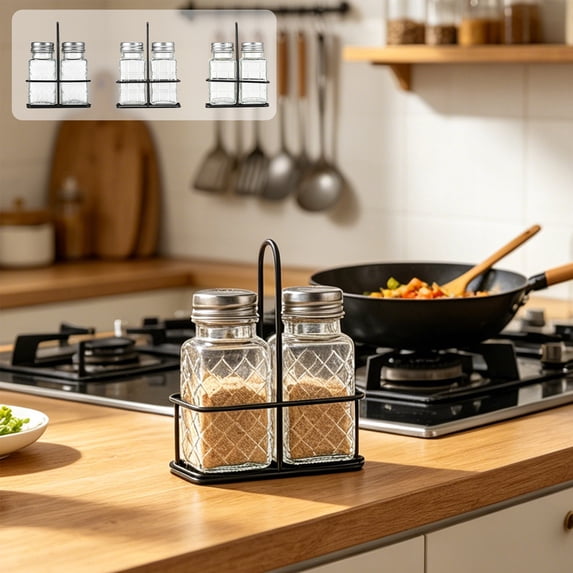 Gcvizuso 2Pcs Salt and Pepper Shakers Set with Lid, Glass Bottles with Galvanized Caddy Holder