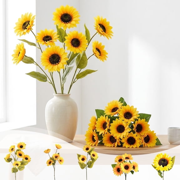 Gcvizuso Artificial Flowers, Artificial Sunflower Silk Bouquet, Faux Sunflower Stems, Fake Flower Bundles for Living Room Office Wedding Farmhouse Floor Vase Decor