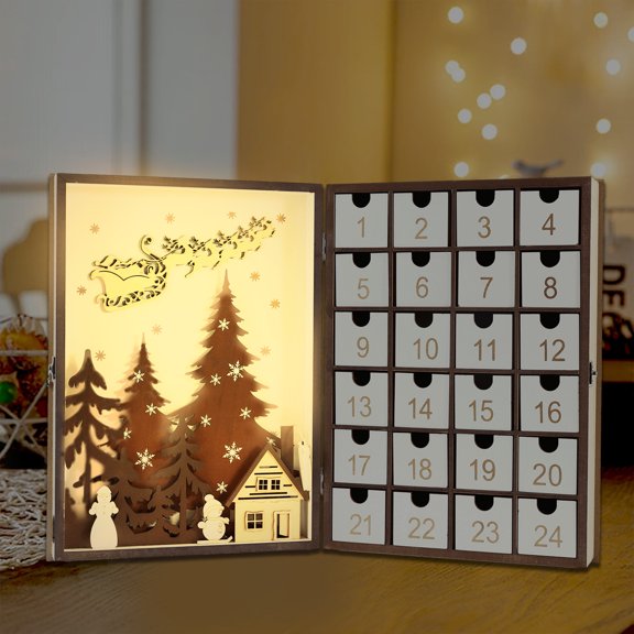 Gcvizuso Christmas Calendar, Advent Calendars, 2025 Christmas LED Wooden Advent Calendar With 24 Drawers 24 Days Countdown Lights Up DIY Advent Calendar Empty Box Christmas Holiday Decorations