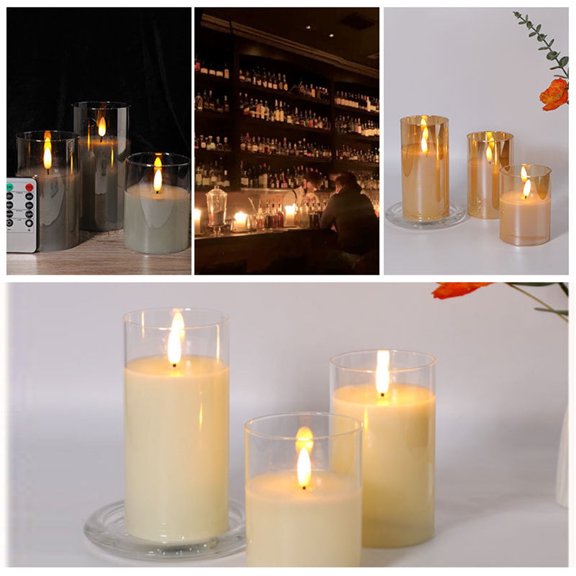 Gcvizuso Christmas Lights, String Lights, Amber Flameless Candle With Remote Control, Realistic LED Glass Candle Battery Operated Warm Light Pillar Candles 3pcs