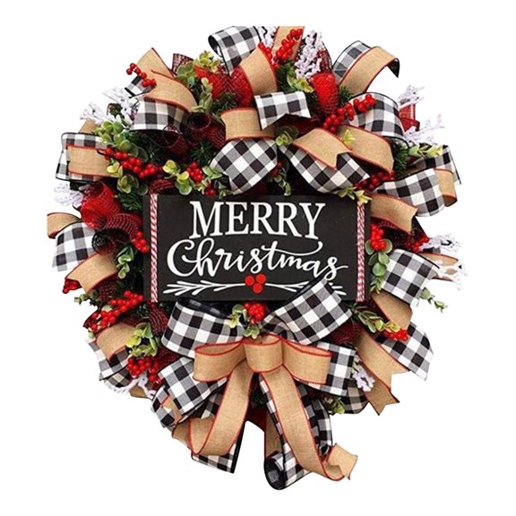 Gcvizuso Christmas Rattan Ornaments, Christmas Plaid Garland For Decorating Front Door Wall With Bow And Red Berries For Festive Christmas Outdoor Party