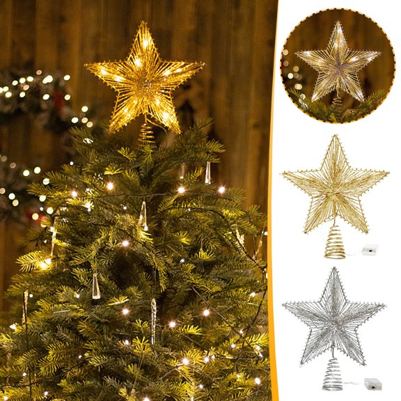 Gcvizuso Christmas Tree, Christmas Tree Decorations, Christmas Tree Top Star Five-pointed Star Straight Line Wrought Iron Five-pointed Star With Light Tree Top Star Christmas Gift