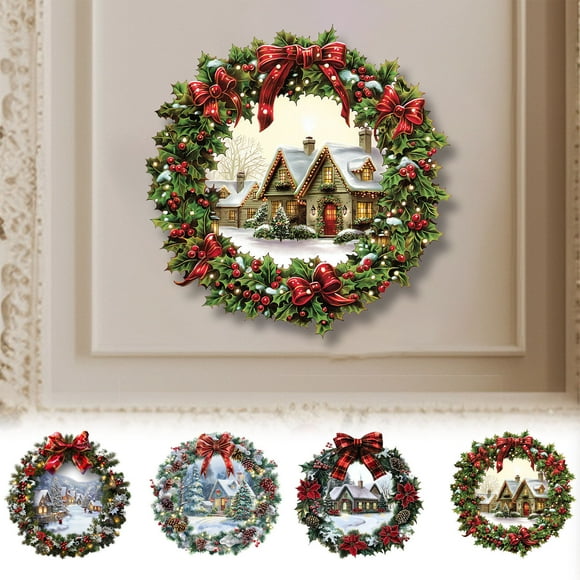 Gcvizuso Christmas Wreath, Christmas Wreaths for Front Door, Christmas Garland Snow House Living Room Glass Window Holiday Scene Decorative Wall Stickers