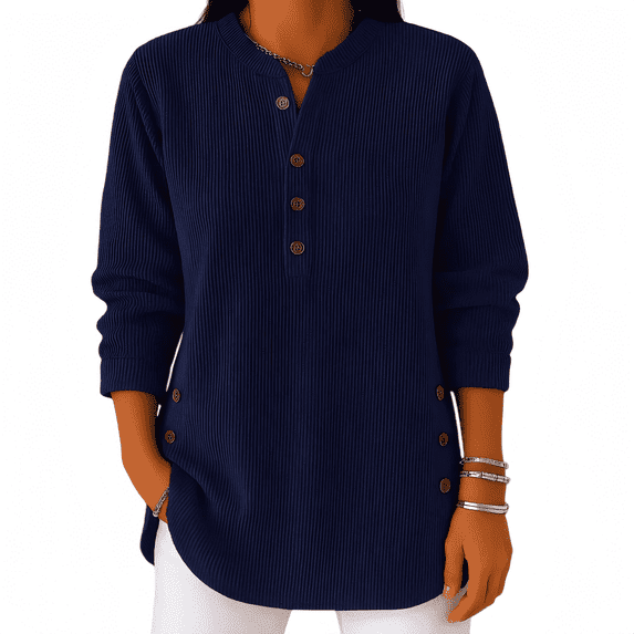 GalaGarb Women's Ribbed Henley Long Sleeve Top, Button Decor Side Curved Hem Loose Casual Blouse Tunic Shirts for Fall Winter