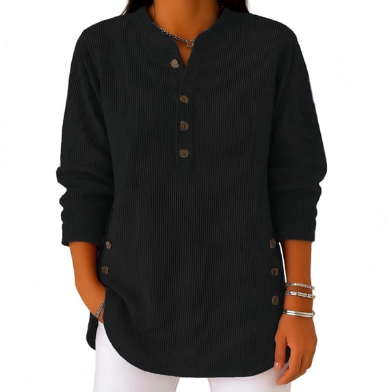 GalaGarb Women's Ribbed Henley Long Sleeve Top, Button Decor Side Curved Hem Loose Casual Blouse Tunic Shirts for Fall Winter