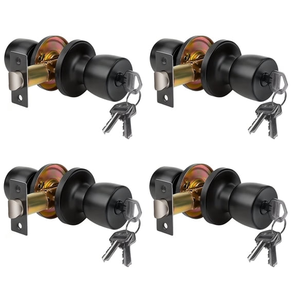 Gdvsclr 4 Pack Matte Black Round Ball Door Knob - Privacy/Locking for Interior/Exterior Doors. Each Lock Has Non-Universal Keys