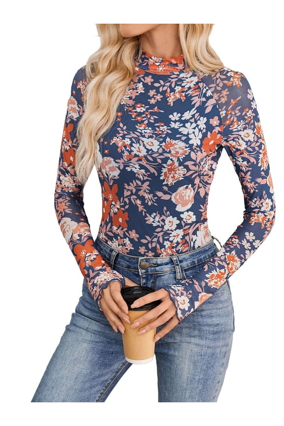 Ladies Lace Long Sleeve Floral Mesh Stand Collar Outing Top Blue Florals XXL