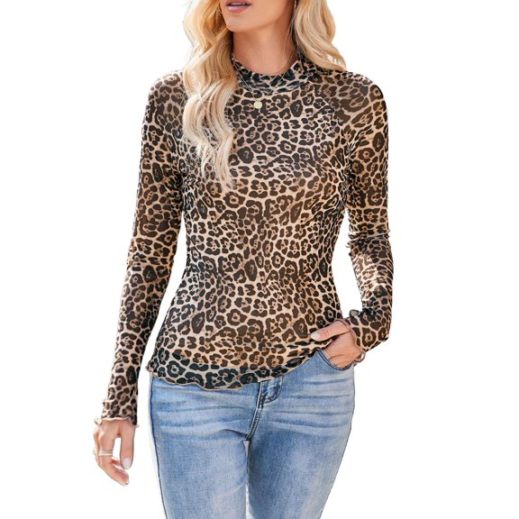 Gdvsclr Ladies Lace Long Sleeve Floral Mesh Stand Collar Outing Top Khaki Leopard Pattern S