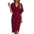 thumbnail image 1 of Gdvsclr Short Sleeve Dresses for Women V Neck Pleated Slim Fit Flowy Swing Shift Irregular Midi Dress Claret S, 1 of 8