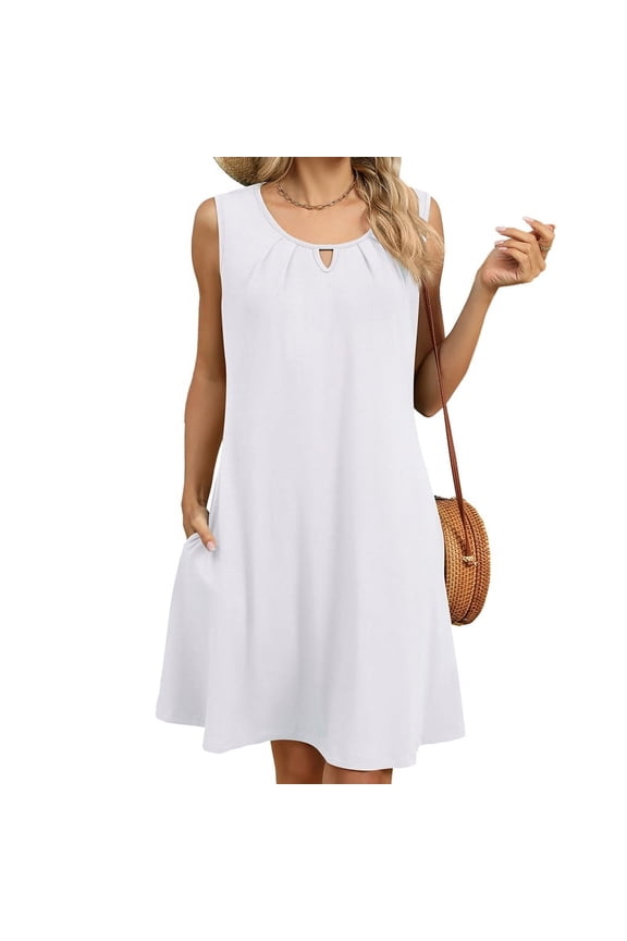 Gdvsclr Women'S Summer Solid Color Round Neck Hollow Pleated Sleeveless Dress with Pockets White L