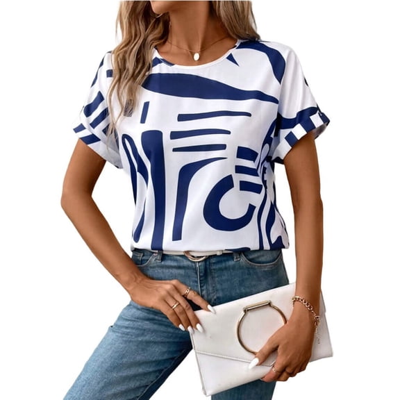 Gdvsclr Women Summer Tops Asymmetrical Neck Short Sleeve Button Dressy Casual Tunic T Shirts Blouse Blue XXL