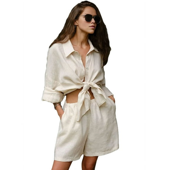 Gdvsclr Womens 2 Piece Cover Ups Set Cotton Beach Short Sets Short Sleeve Button Down Shirt Shorts Resort Wear 2025 Cream White L