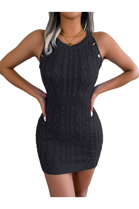 Gdvsclr Womens Sweater Dress Summer Cable Knit Crewneck Sleeveless Bodycon Dresses