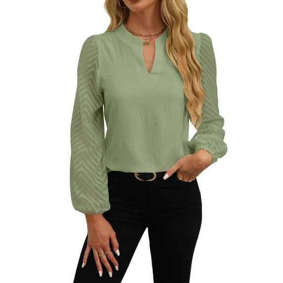 Gdvsclr Womens Tops Dressy Casual Sheer Long Sleeve V Neck Shirts Loose Flowy Chiffon Business Work Blouses Green L