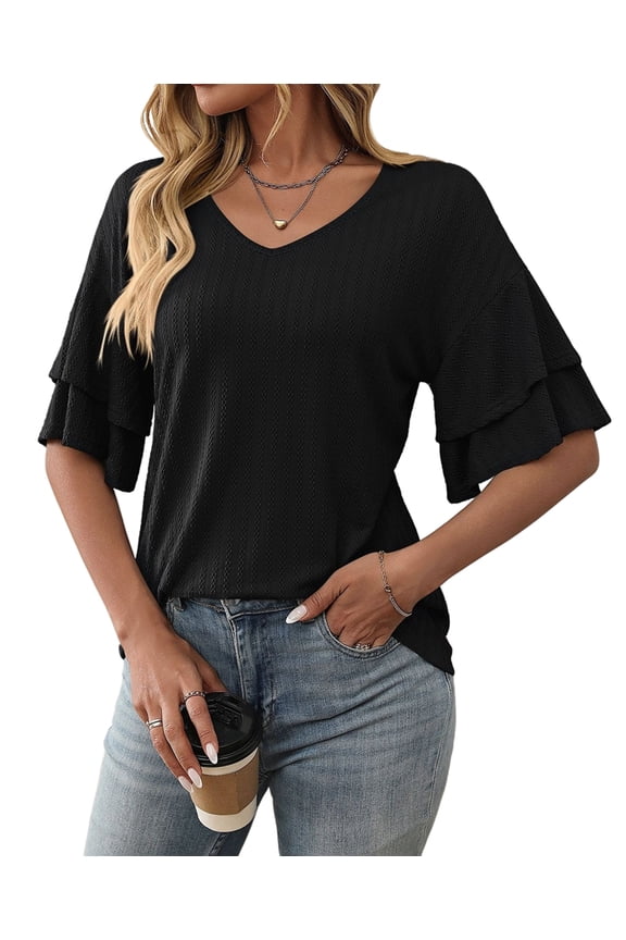 Gdvsclr Womens V-Neck Tops Dressy Double Layer Bell Sleeve 3/4 Length Ruffle Sleeve T Shirts