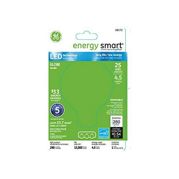 Ge lighting 39935 energy smart led globe light bulb, soft white, 4.5w