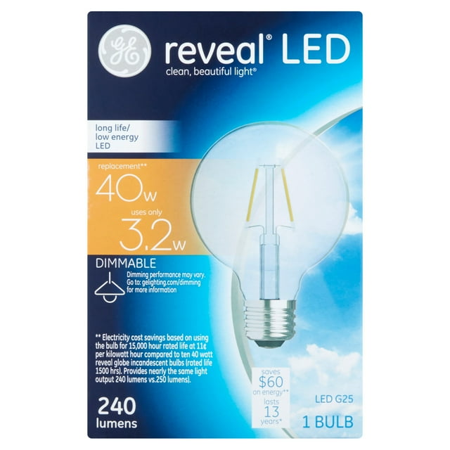 Ge Reveal 40-watt Equivalent (uses 3.2w) Clear G25 Decorative Globe Led 