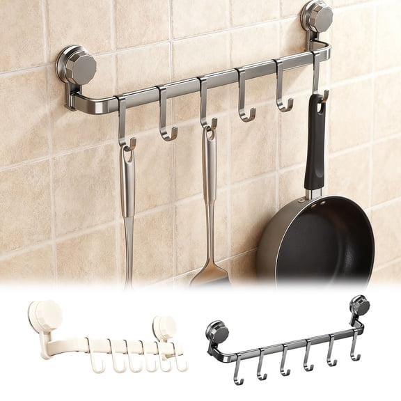 GeBuSn 13.78inch Wall Hooks Rack Kitchen Rail Space Saving Utensil Holder No Drilling Wall Mounted Hanger With 10 Hooks For Kitchen Bathroom Bedroom (Grey)