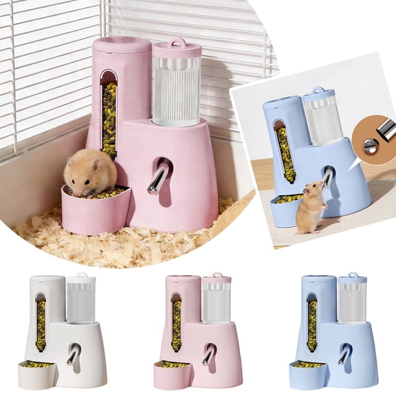 GeBuSn 2 in 1 Hamster Water Bottle - Automatic Food Bowl, No Small Animal Water Bottle Dispenser, for Syrian Hamsters, Gerbils, Mouse, Hedgehog, Hamster Cage Accessories (Pink)