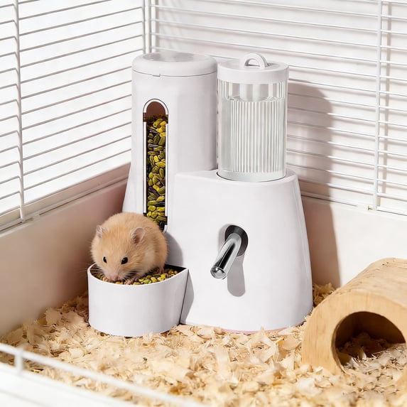GeBuSn 2 in 1 Hamster Water Bottle - Automatic Food Bowl, No Small Animal Water Bottle Dispenser, for Syrian Hamsters, Gerbils, Mouse, Hedgehog, Hamster Cage Accessories (White)