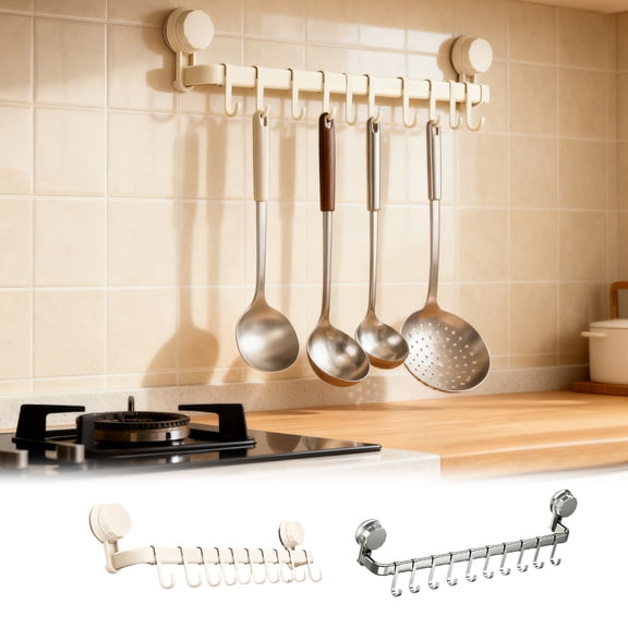 GeBuSn 21.65inch Wall Hooks Rack Kitchen Rail Space Saving Utensil Holder No Drilling Wall Mounted Hanger With 10 Hooks For Kitchen Bathroom Bedroom (White)