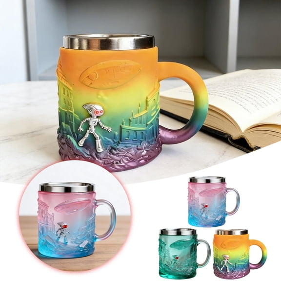 GeBuSn 3D Sci Fi Robot Mug Novelty Coffee Cup With Embossed UFO Design Color Changing Glass With Stainless Steel Rim Futuristic Space Theme (A)