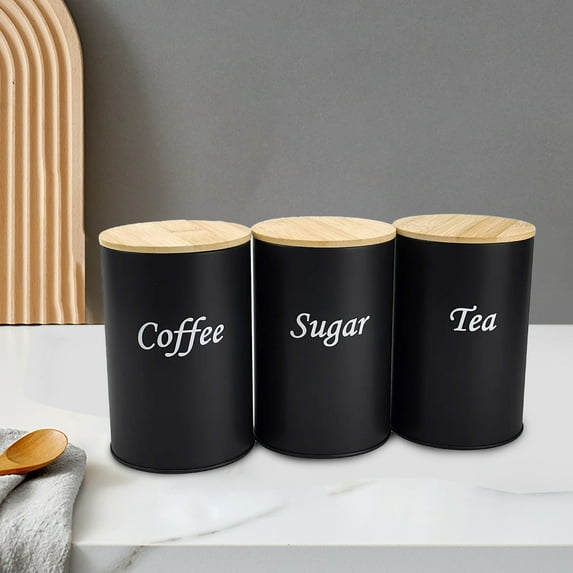 GeBuSn 3pcs Coffee Tea Container Set Metal Vintage Kitchen Jar Set With Airtight Lids Food Storage Container Jars For Kitchen Countertops Farmhouse Kitchen Home (Black)