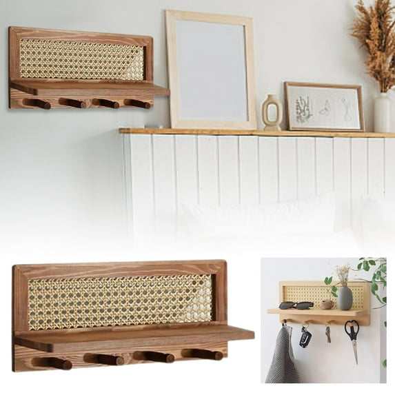 GeBuSn 40cm/15.75inMeets Modern: Solid Wood Rattan Storage Shelf – Perfect For Minimalist Living & Stylish Organization! (B)