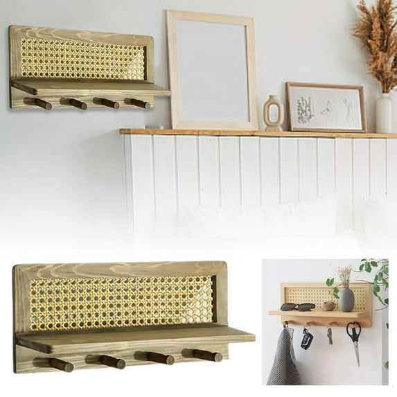 GeBuSn 40cm/15.75inMeets Modern: Solid Wood Rattan Storage Shelf – Perfect For Minimalist Living & Stylish Organization! (C)