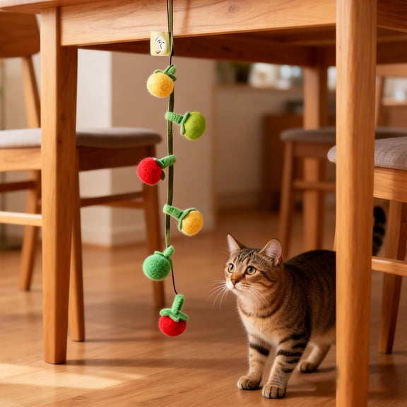 GeBuSn 48cm/18.90inch Interactive Fruit Shaped String，Cat Teaser Squeaky String With Small Persimmon And Cherry Tomato Teeth Cleaning Chew Interactive Cat 1PC