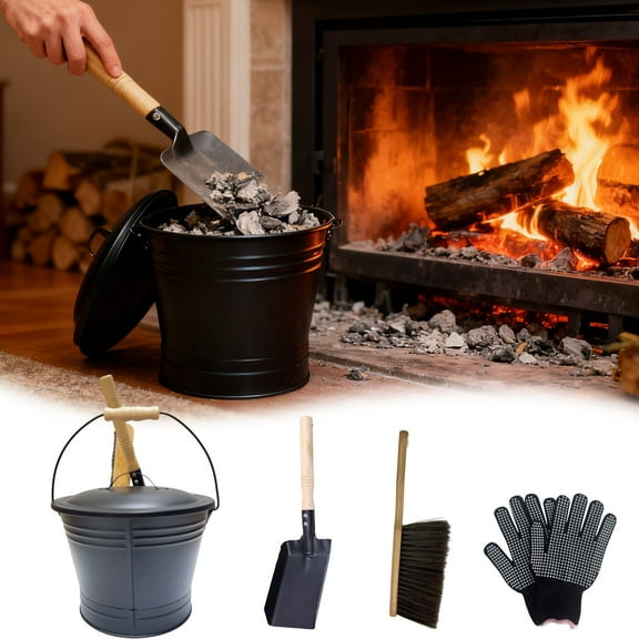 GeBuSn 4pcs Ash With Lid 2 Gallon Metal Fireplace With Handle Shovel Brush Ash Can For Stove Grill Fire Stoves Included