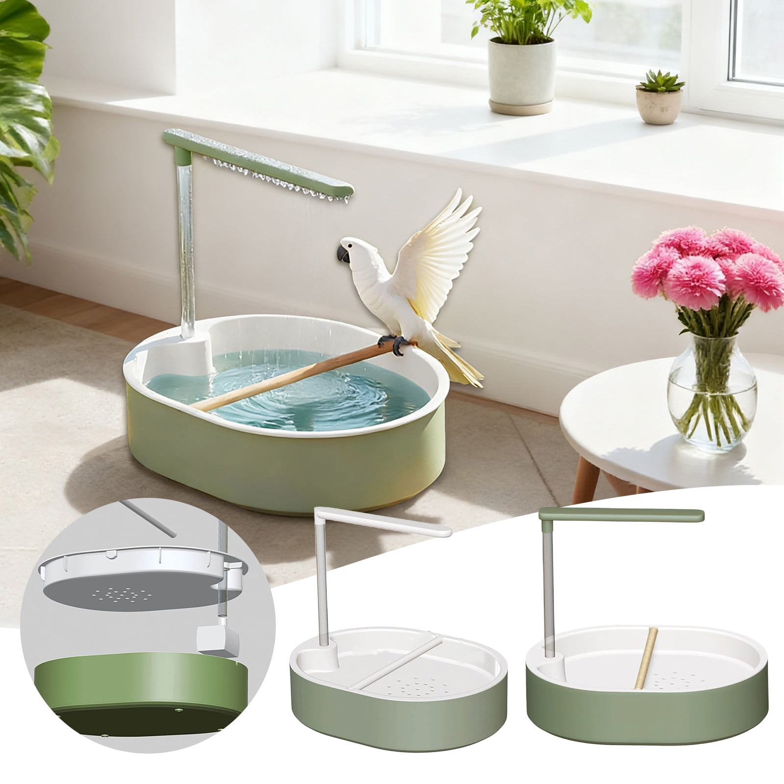 GeBuSn Automatic Bird Bath For Parrots With Rain Showers And Water System (Green)